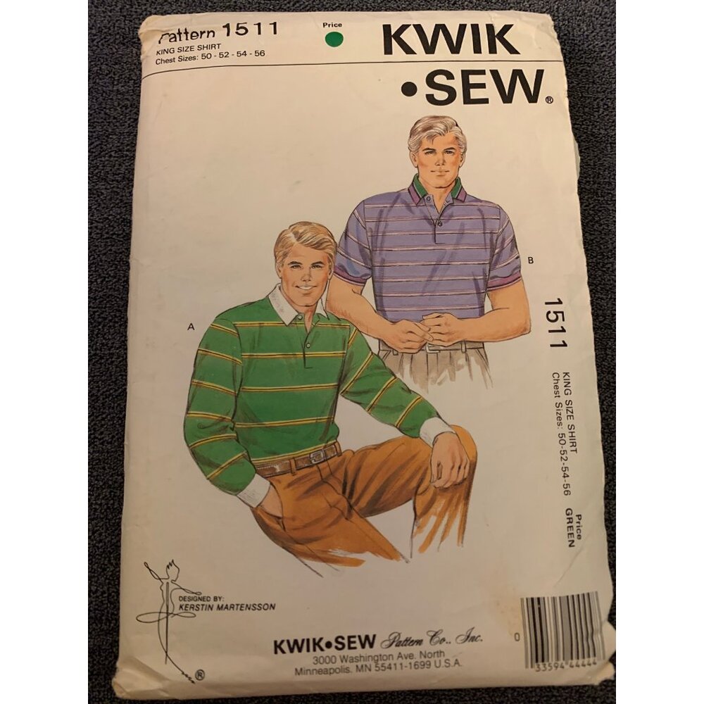 Kwik Sew Pattern 1511 King Size Mens Shirt Chest Sizes 50-56 Stretch Knit Sewing